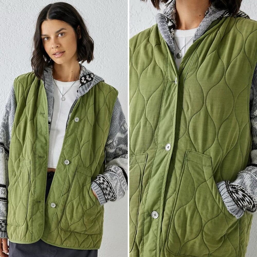 Free People Billy Military Quilted Vest Army Olive Green Lightweight Layering XS